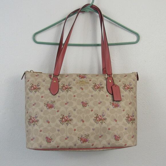 NWT Coach Gallery Tote Bag In Signature Canvas With Floral Print Pink and Sand - Picture 1 of 9